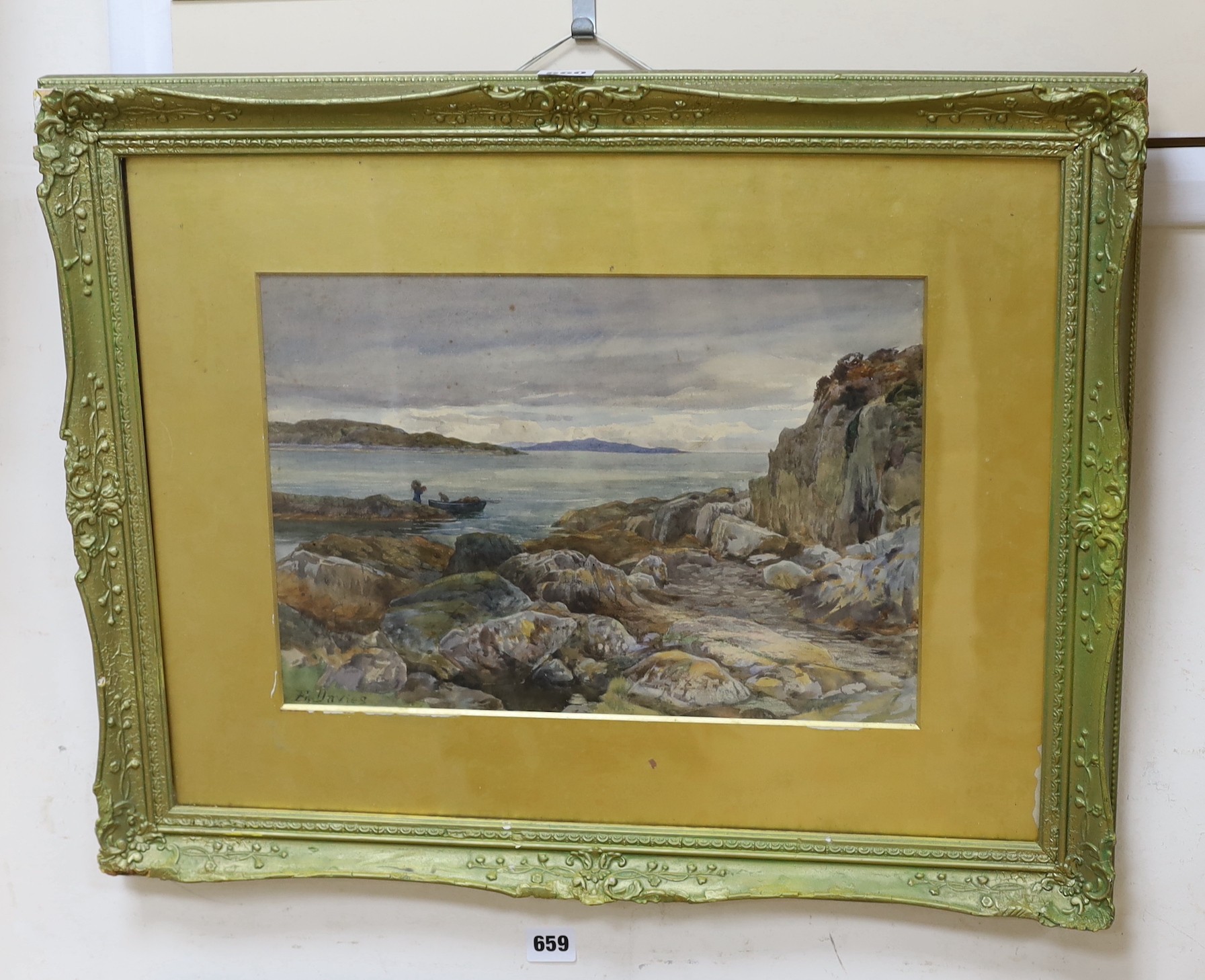 F. Davies, watercolour, Coastal landscape with fishing boat, signed, 26 x 38cm